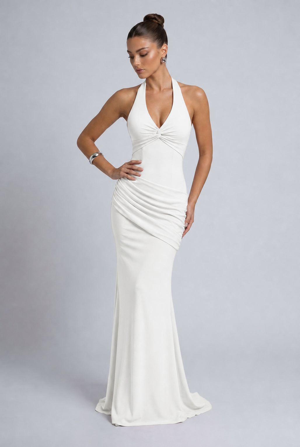 Twist-Front Halter Neck Lace-Up Back Ruched Mermaid Maxi Dress – Prom & Evening Gown - White - View 4