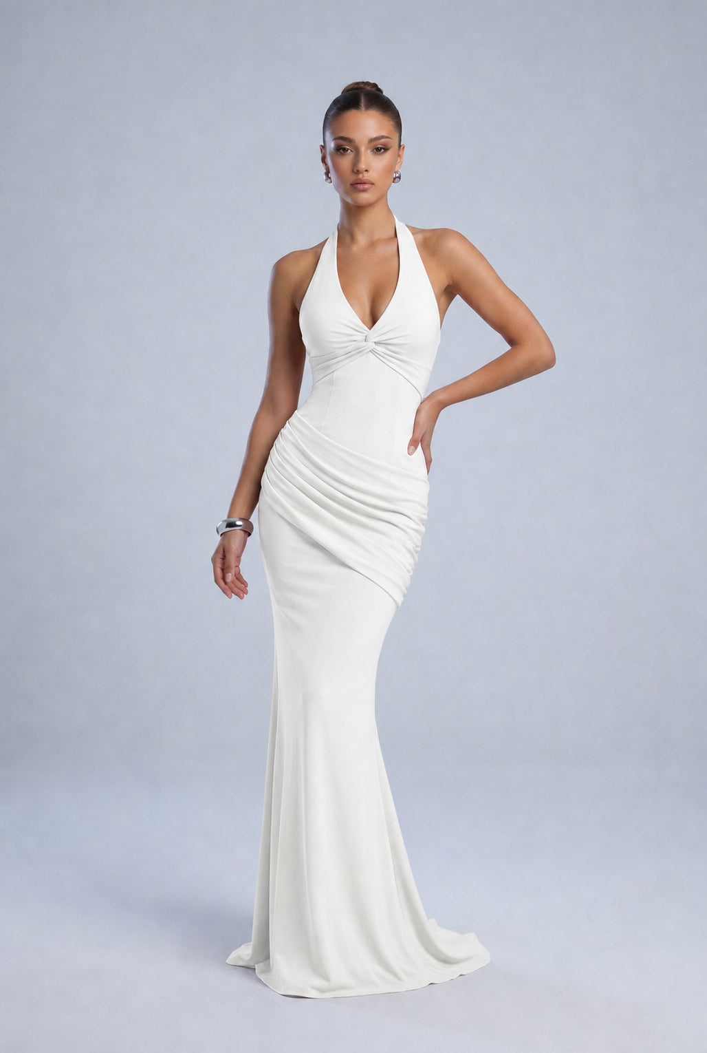 Twist-Front Halter Neck Lace-Up Back Ruched Mermaid Maxi Dress – Prom & Evening Gown - White - View 5