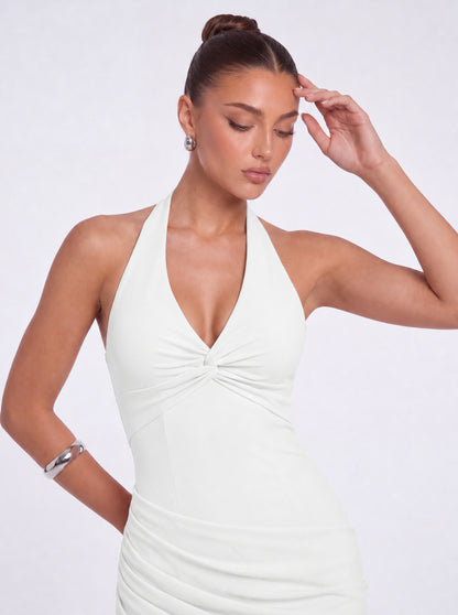 Twist-Front Halter Neck Lace-Up Back Ruched Mermaid Maxi Dress – Prom & Evening Gown - White - View 6