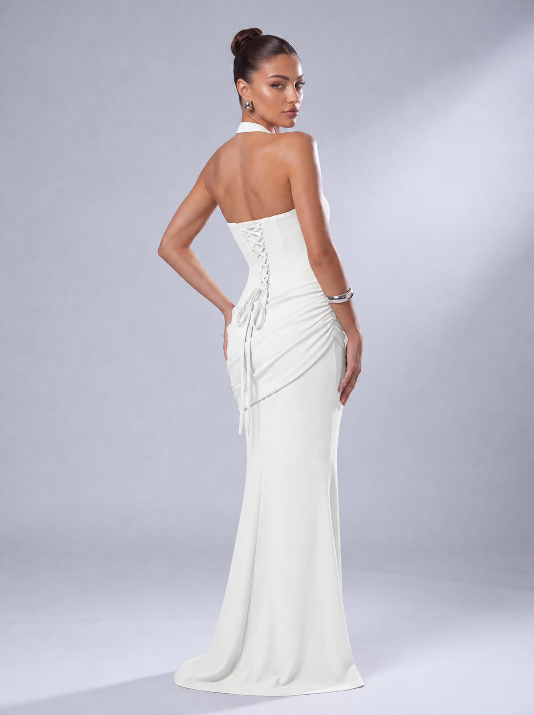 Twist-Front Halter Neck Lace-Up Back Ruched Mermaid Maxi Dress – Prom & Evening Gown - White - View 7