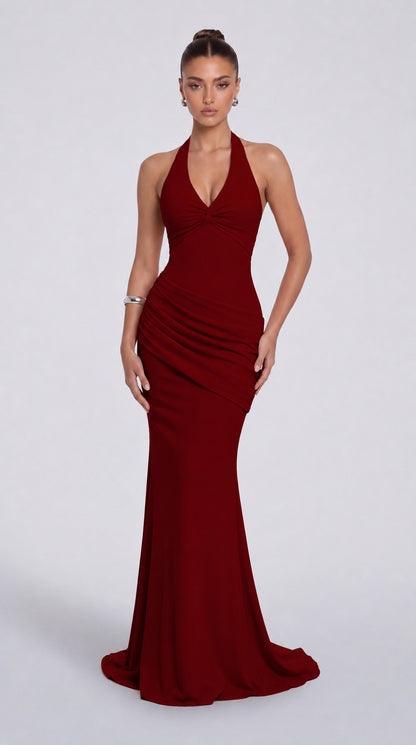 Twist-Front Halter Neck Lace-Up Back Ruched Mermaid Maxi Dress – Prom & Evening Gown - Wine Red - View 1