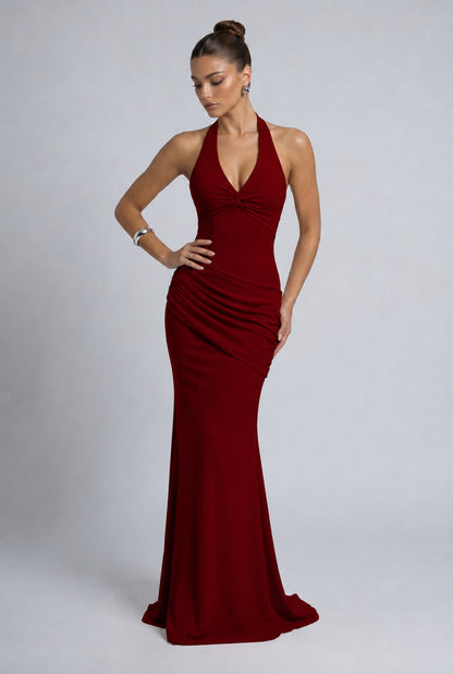 Twist-Front Halter Neck Lace-Up Back Ruched Mermaid Maxi Dress – Prom & Evening Gown - Wine Red - View 4