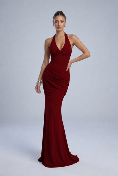 Twist-Front Halter Neck Lace-Up Back Ruched Mermaid Maxi Dress – Prom & Evening Gown - Wine Red - View 5