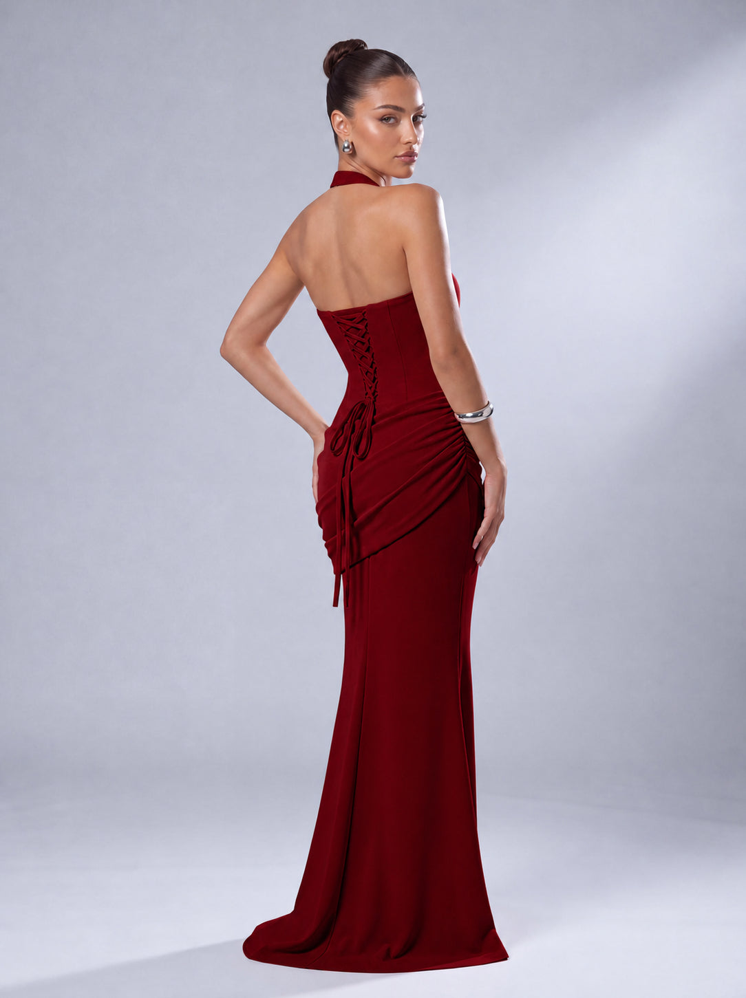 Twist-Front Halter Neck Lace-Up Back Ruched Mermaid Maxi Dress – Prom & Evening Gown - Wine Red - View 7