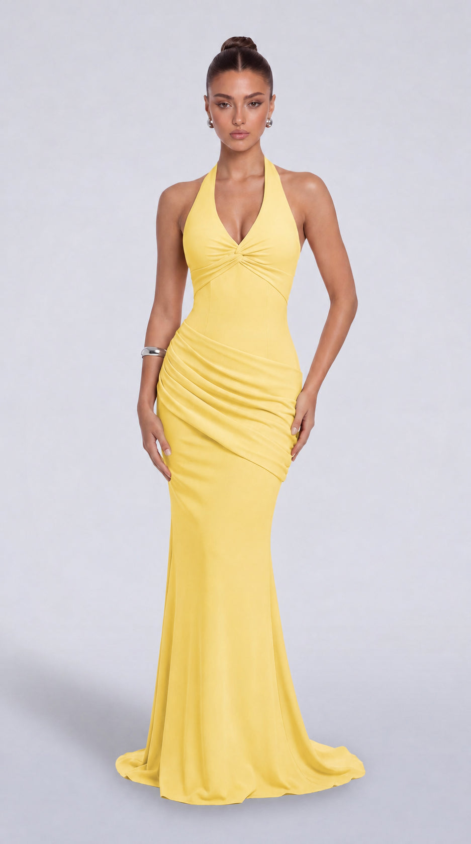 Twist-Front Halter Neck Lace-Up Back Ruched Mermaid Maxi Dress – Prom & Evening Gown - Yellow - View 1