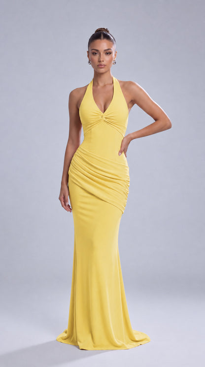 Twist-Front Halter Neck Lace-Up Back Ruched Mermaid Maxi Dress – Prom & Evening Gown - Yellow - View 2