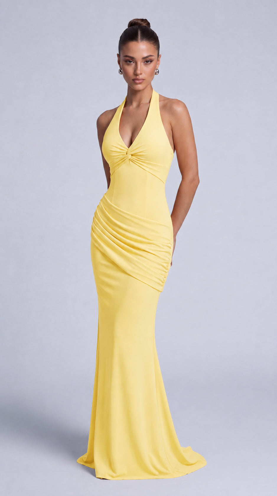 Twist-Front Halter Neck Lace-Up Back Ruched Mermaid Maxi Dress – Prom & Evening Gown - Yellow - View 3