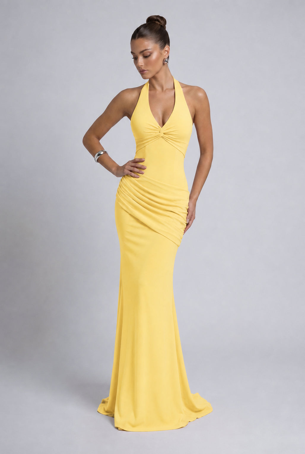 Twist-Front Halter Neck Lace-Up Back Ruched Mermaid Maxi Dress – Prom & Evening Gown - Yellow - View 4