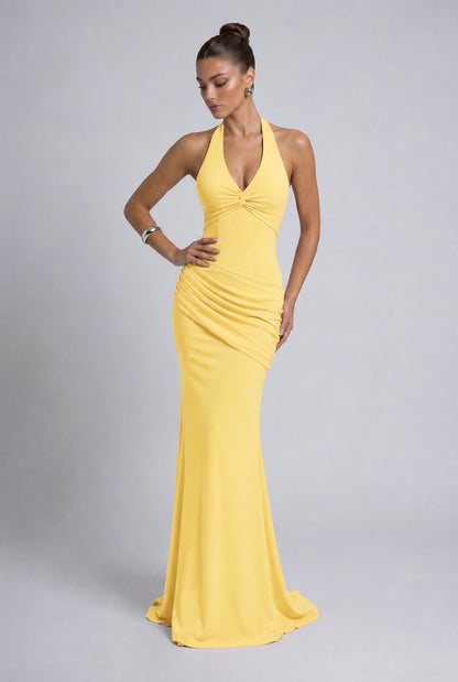 Twist-Front Halter Neck Lace-Up Back Ruched Mermaid Maxi Dress – Prom & Evening Gown - Yellow - View 4