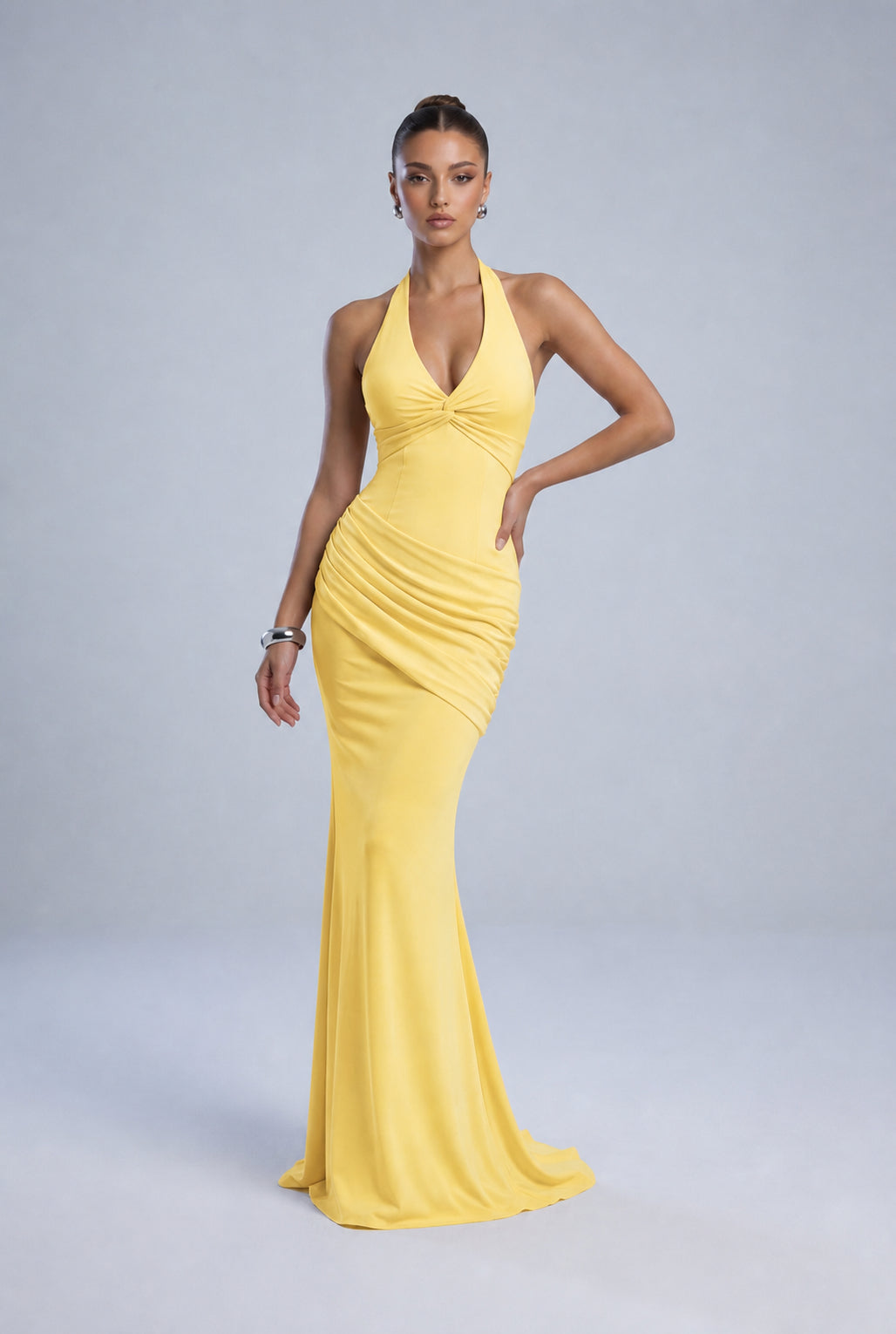 Twist-Front Halter Neck Lace-Up Back Ruched Mermaid Maxi Dress – Prom & Evening Gown - Yellow - View 5