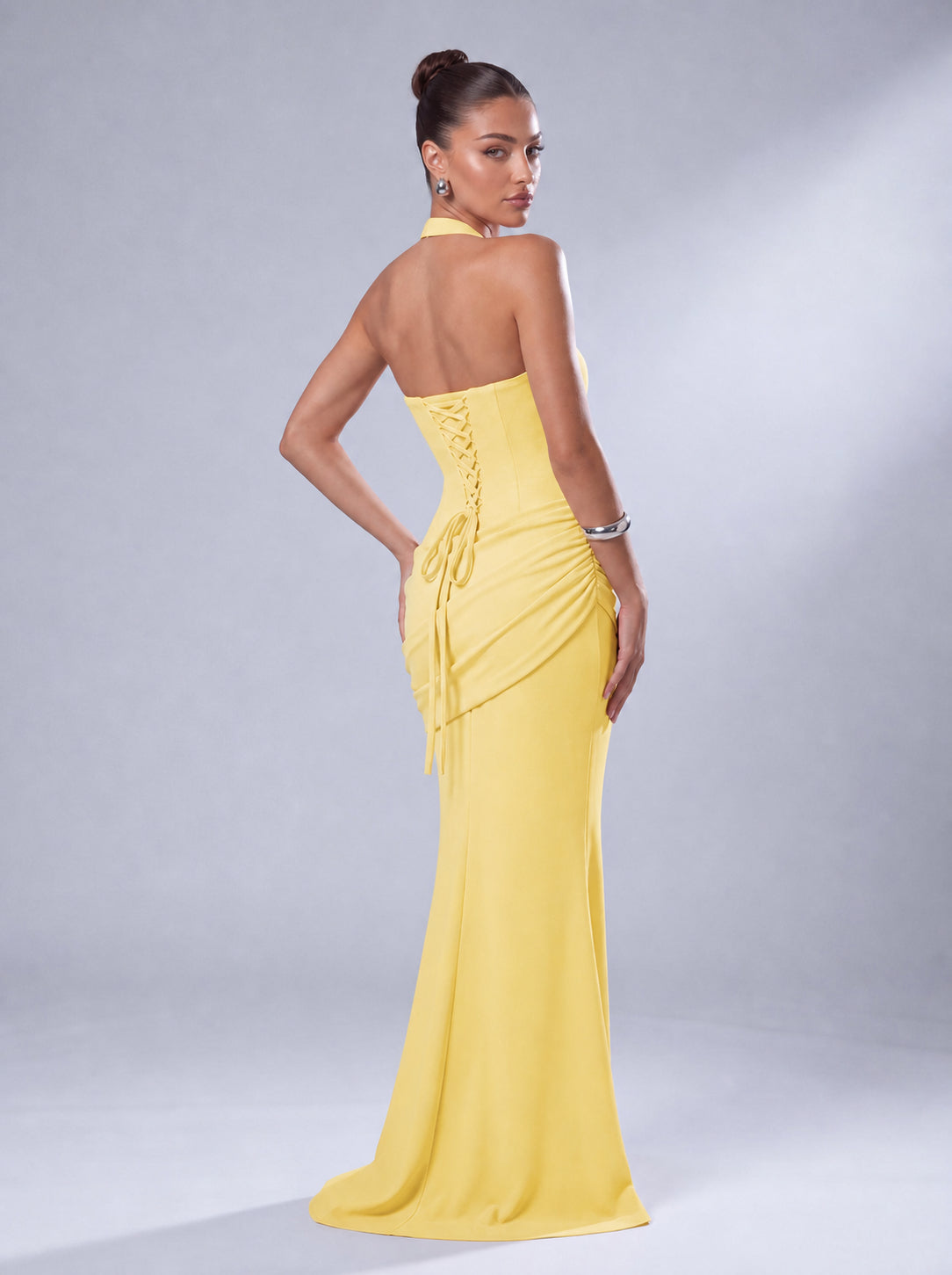 Twist-Front Halter Neck Lace-Up Back Ruched Mermaid Maxi Dress – Prom & Evening Gown - Yellow - View 7