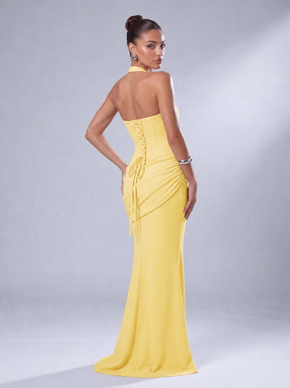 Twist-Front Halter Neck Lace-Up Back Ruched Mermaid Maxi Dress – Prom & Evening Gown - Yellow - View 7