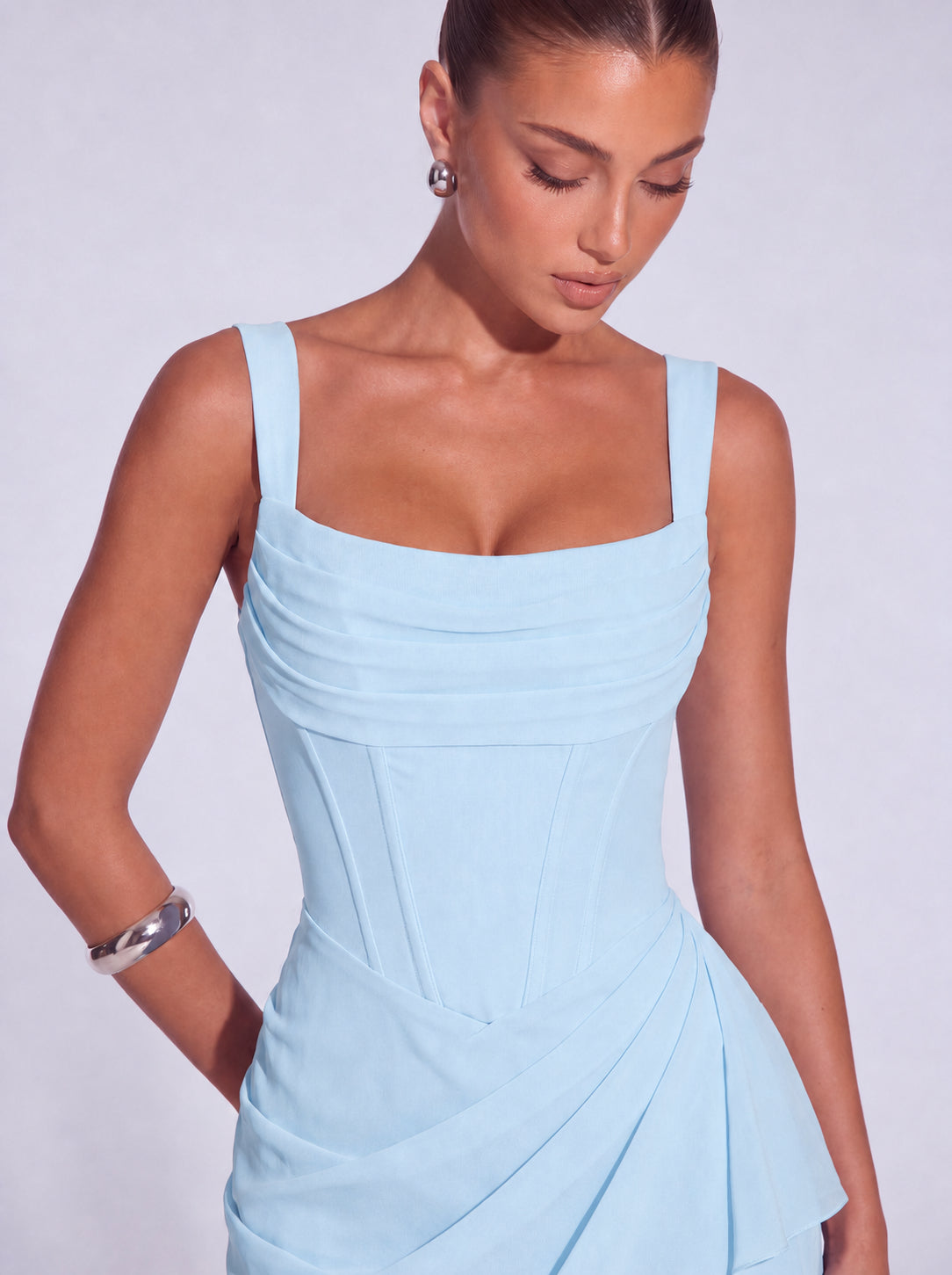 Square-Neck Corset Mini Dress with Cascading Wrap Ruffle Skirt – Party & Cocktail Dress - Baby Blue - View 4