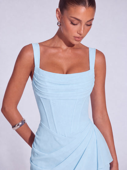 Square-Neck Corset Mini Dress with Cascading Wrap Ruffle Skirt – Party & Cocktail Dress - Baby Blue - View 4