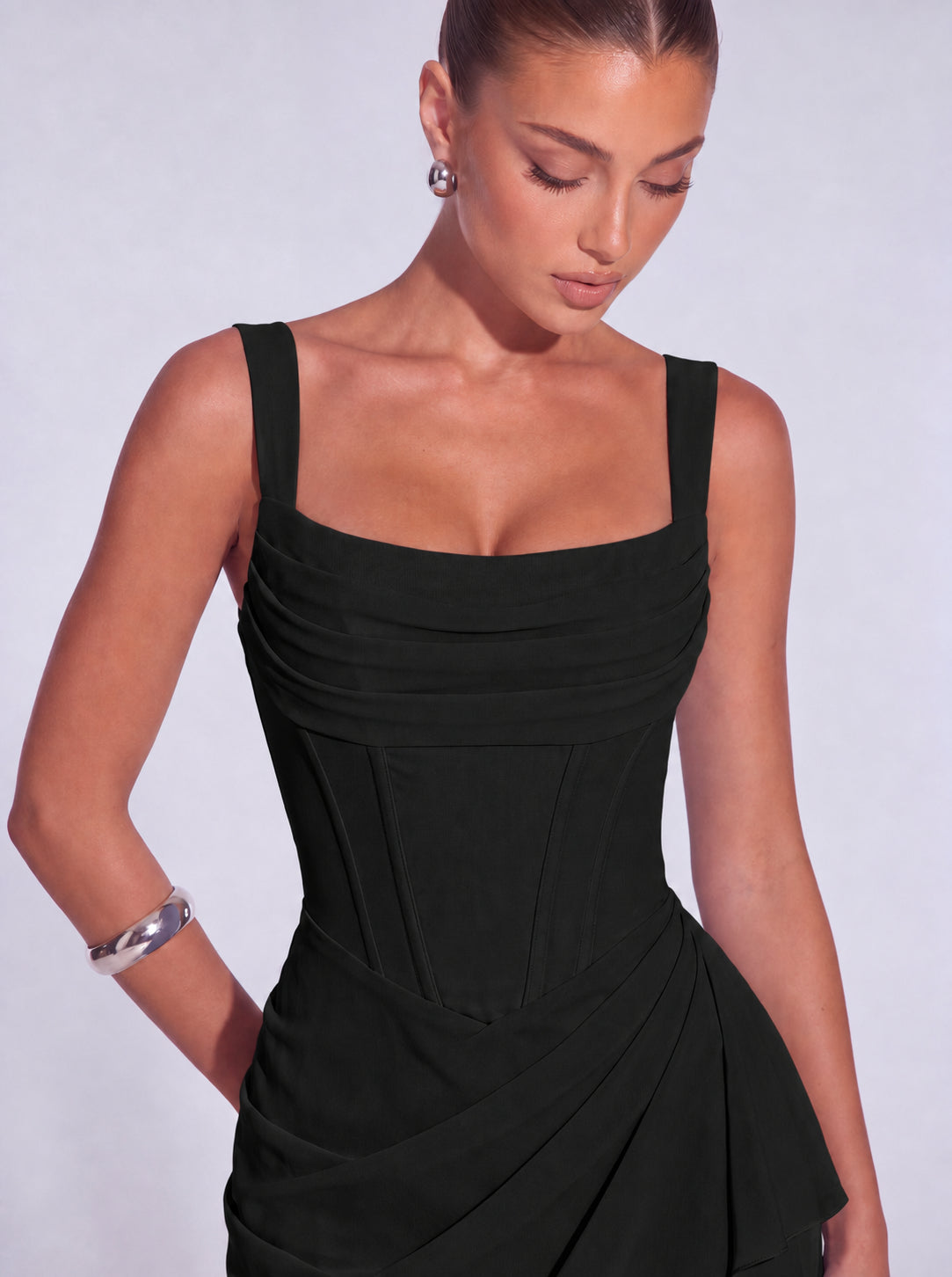 Square-Neck Corset Mini Dress with Cascading Wrap Ruffle Skirt – Party & Cocktail Dress - Black - View 4