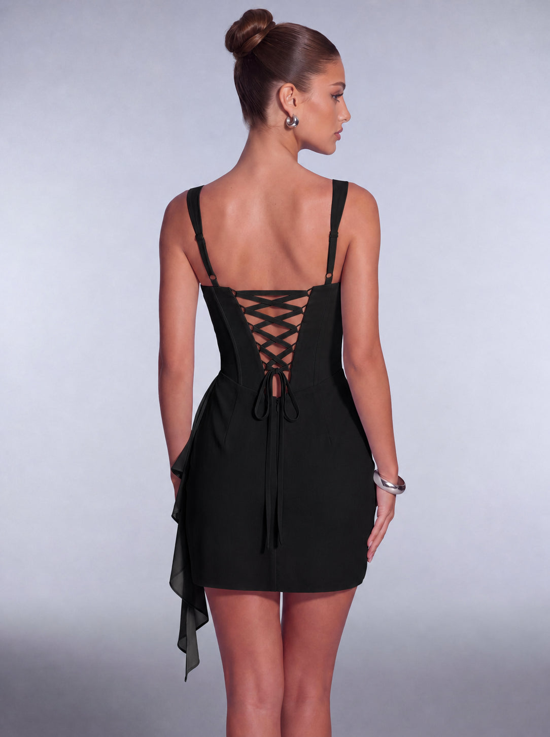 Square-Neck Corset Mini Dress with Cascading Wrap Ruffle Skirt – Party & Cocktail Dress - Black - View 5