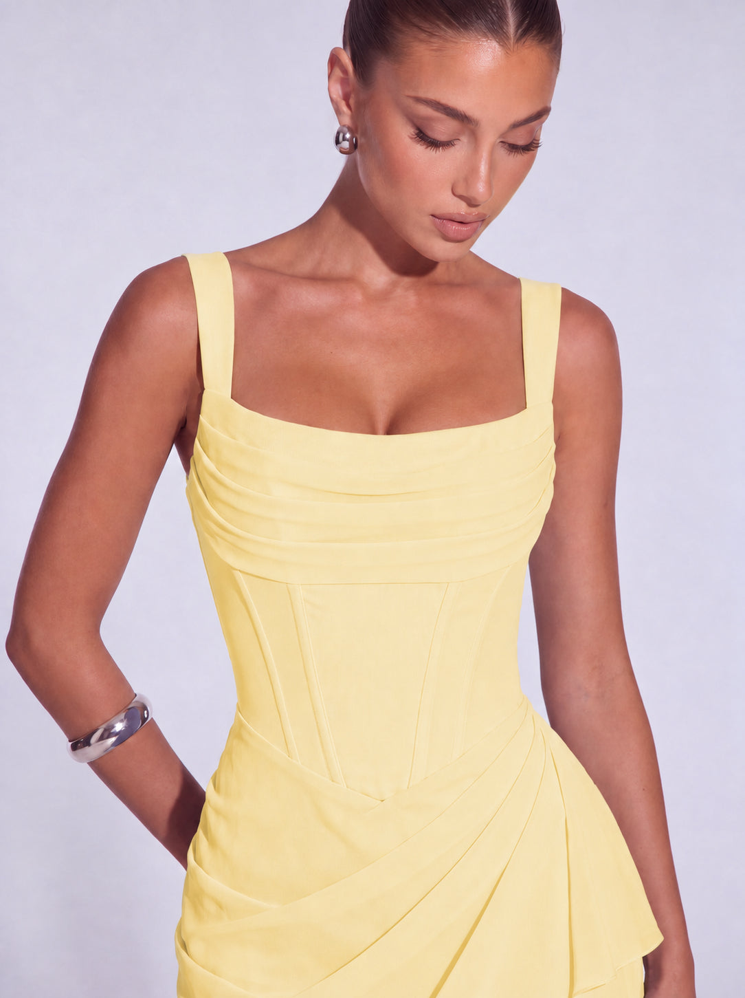 Square-Neck Corset Mini Dress with Cascading Wrap Ruffle Skirt – Party & Cocktail Dress - Butter Yellow - View 4