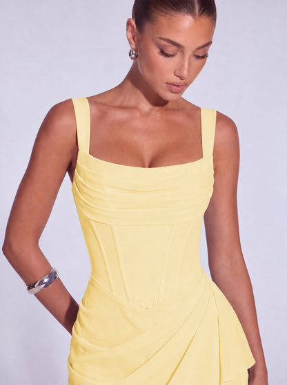 Square-Neck Corset Mini Dress with Cascading Wrap Ruffle Skirt – Party & Cocktail Dress - Butter Yellow - View 4
