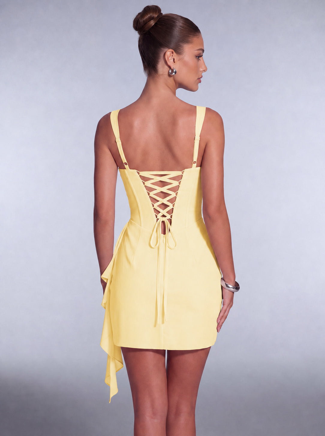 Square-Neck Corset Mini Dress with Cascading Wrap Ruffle Skirt – Party & Cocktail Dress - Butter Yellow - View 5