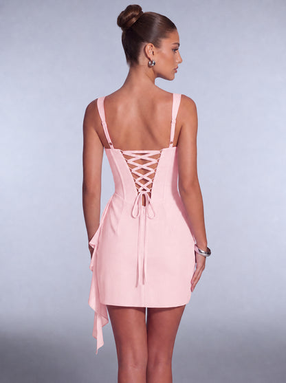 Square-Neck Corset Mini Dress with Cascading Wrap Ruffle Skirt – Party & Cocktail Dress - Light Pink - View 5