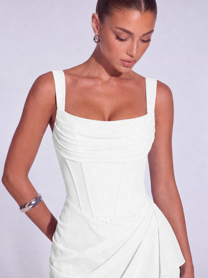 Square-Neck Corset Mini Dress with Cascading Wrap Ruffle Skirt – Party & Cocktail Dress - White - View 4