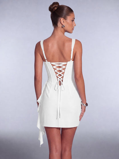 Square-Neck Corset Mini Dress with Cascading Wrap Ruffle Skirt – Party & Cocktail Dress - White - View 5