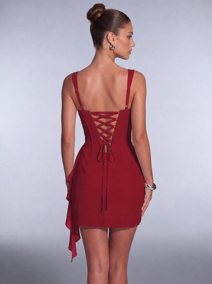 Square-Neck Corset Mini Dress with Cascading Wrap Ruffle Skirt – Party & Cocktail Dress - Wine Red - View 5