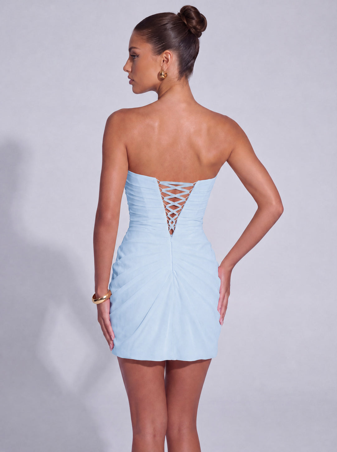 Strapless Ruched Lace-Up Back Mini Dress - Baby Blue - View 6