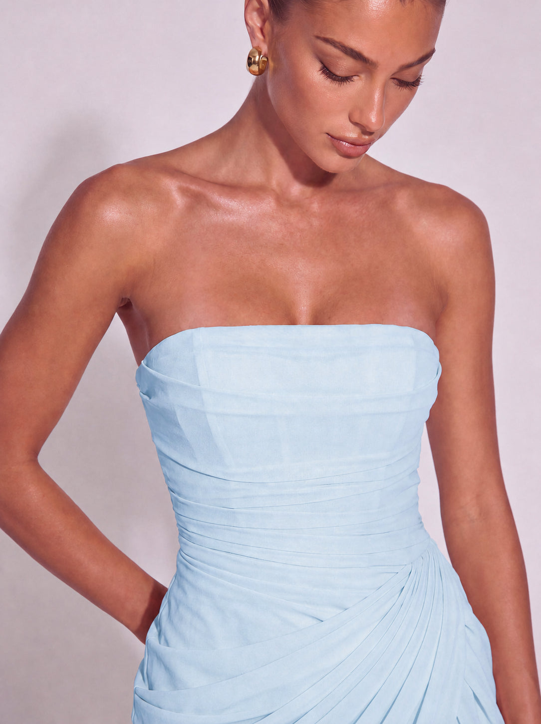 Strapless Ruched Lace-Up Back Mini Dress - Baby Blue - View 7