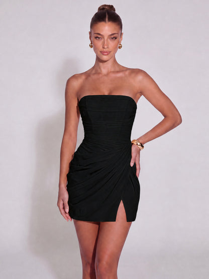 Strapless Ruched Lace-Up Back Mini Dress - Black - View 3