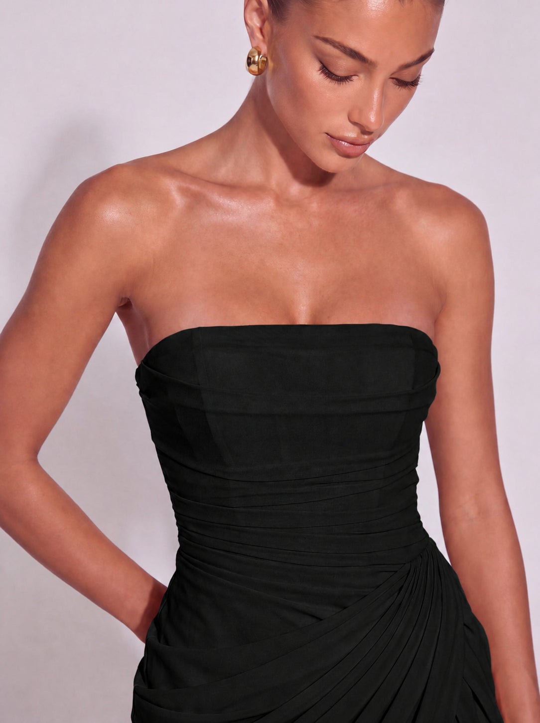 Strapless Ruched Lace-Up Back Mini Dress - Black - View 7