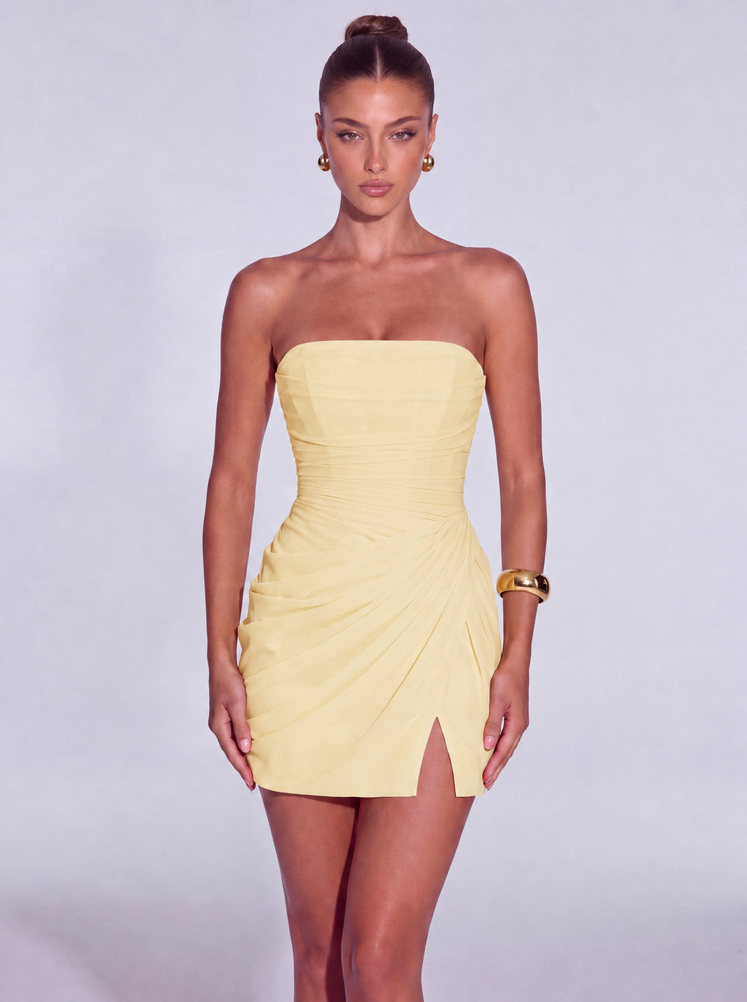 Strapless Ruched Lace-Up Back Mini Dress - Butter Yellow - View 1