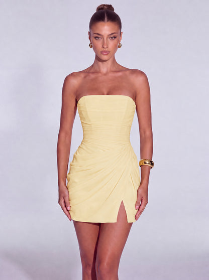 Strapless Ruched Lace-Up Back Mini Dress - Butter Yellow - View 1