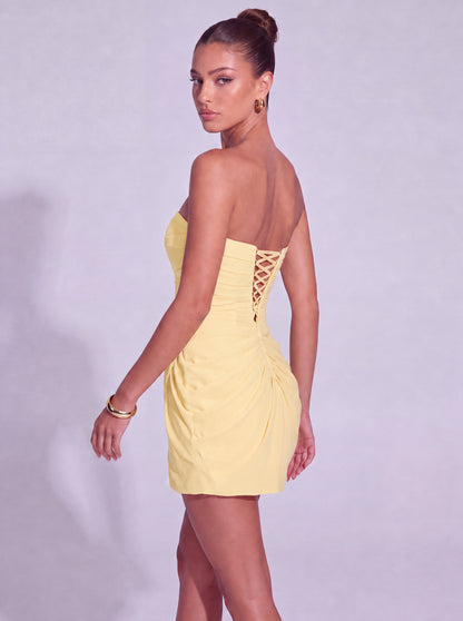 Strapless Ruched Lace-Up Back Mini Dress - Butter Yellow - View 2