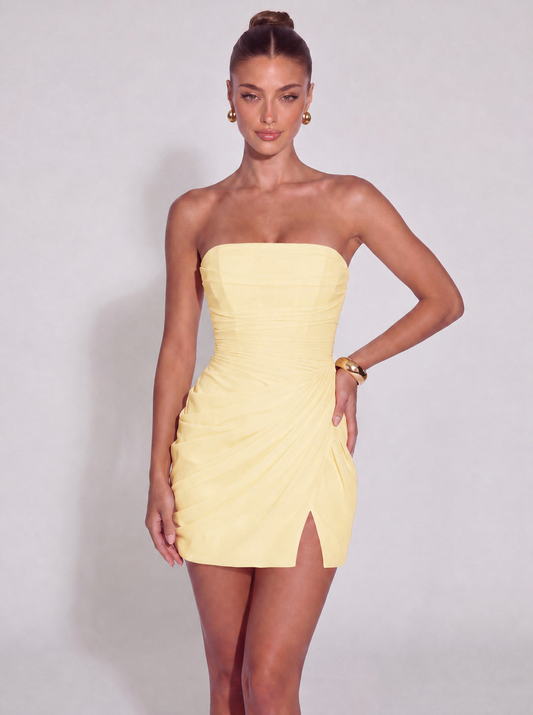Strapless Ruched Lace-Up Back Mini Dress - Butter Yellow - View 3