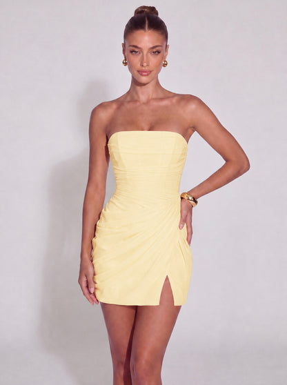 Strapless Ruched Lace-Up Back Mini Dress - Butter Yellow - View 3