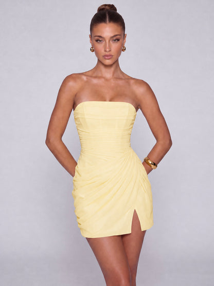 Strapless Ruched Lace-Up Back Mini Dress - Butter Yellow - View 4
