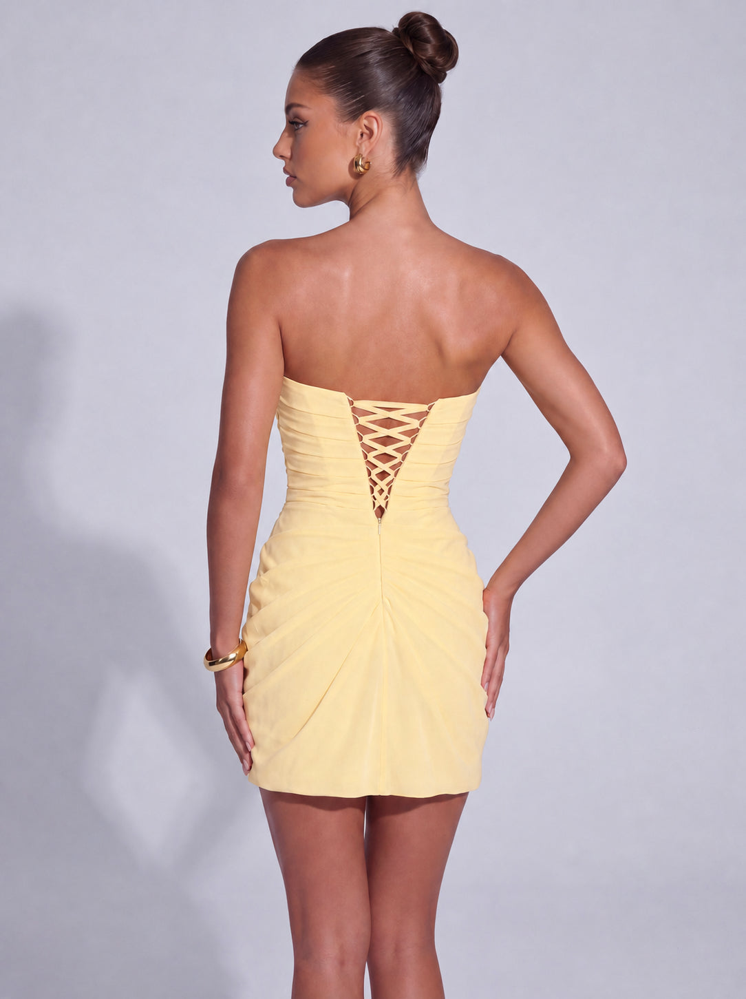 Strapless Ruched Lace-Up Back Mini Dress - Butter Yellow - View 6