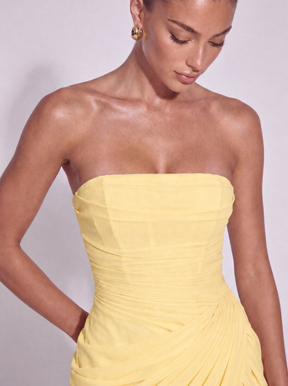 Strapless Ruched Lace-Up Back Mini Dress - Butter Yellow - View 7