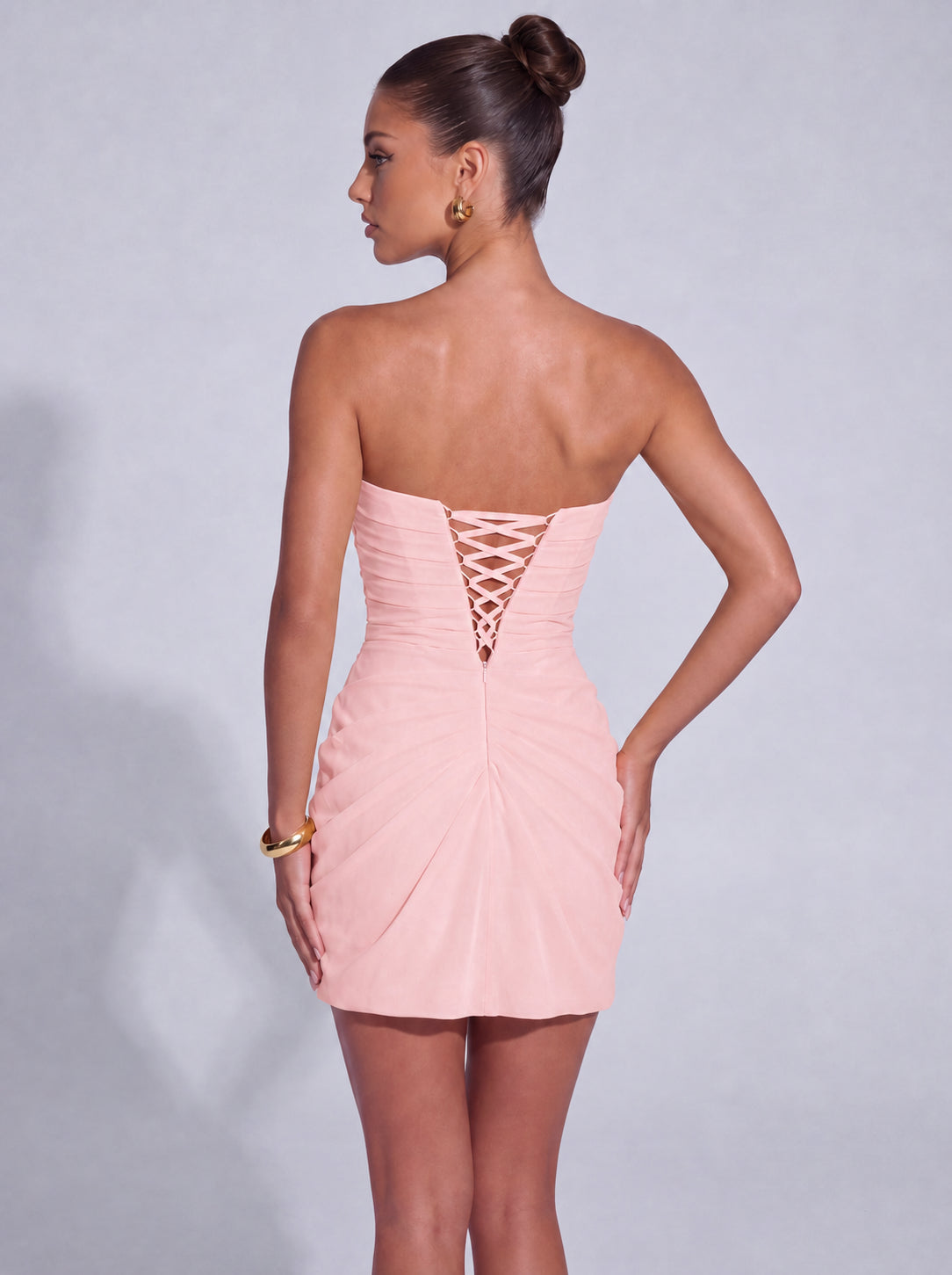 Strapless Ruched Lace-Up Back Mini Dress - Light Pink - View 6