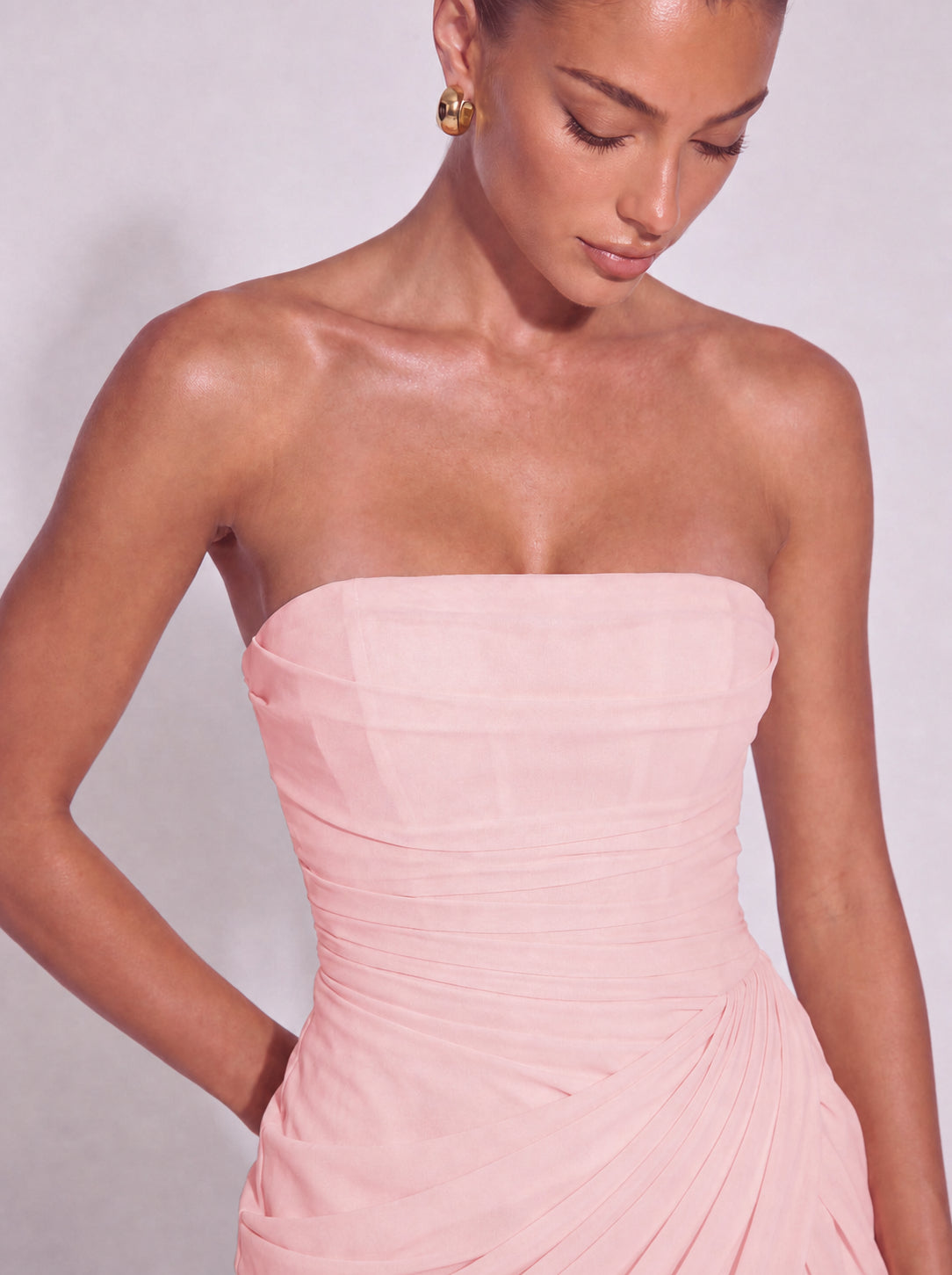 Strapless Ruched Lace-Up Back Mini Dress - Light Pink - View 7
