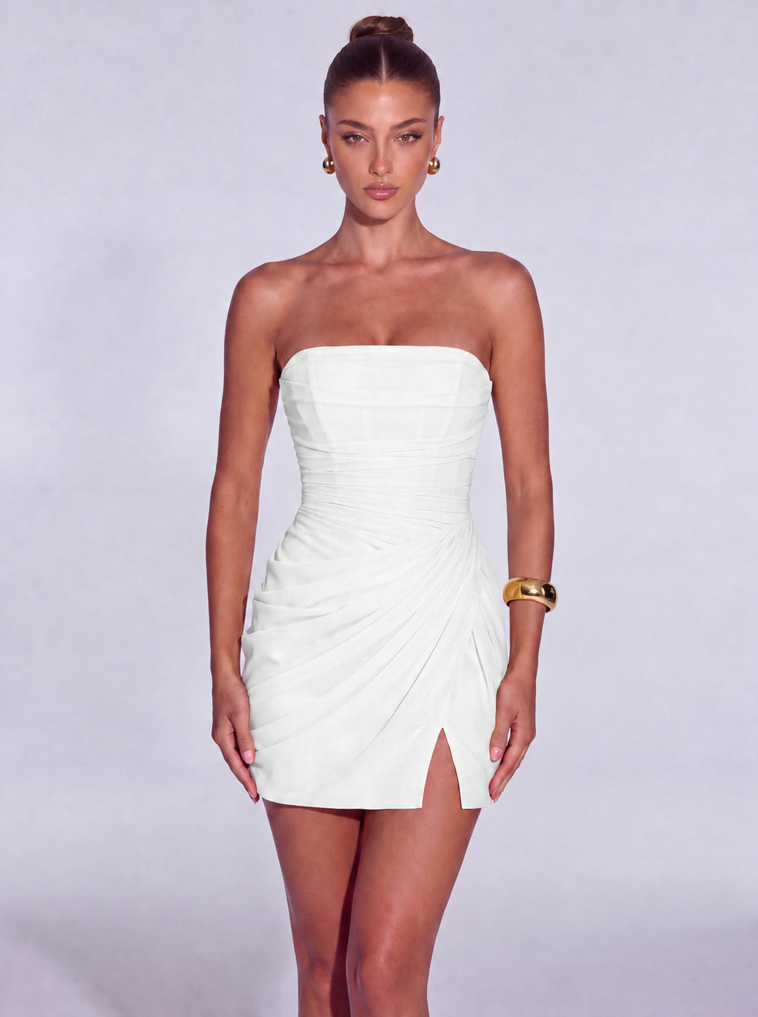 Strapless Ruched Lace-Up Back Mini Dress - White - View 1