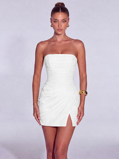 Strapless Ruched Lace-Up Back Mini Dress - White - View 1