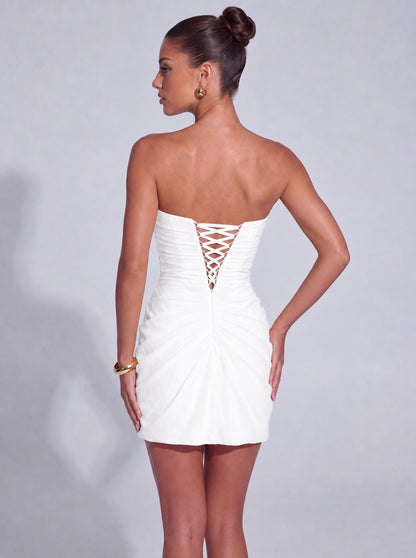 Strapless Ruched Lace-Up Back Mini Dress - White - View 6
