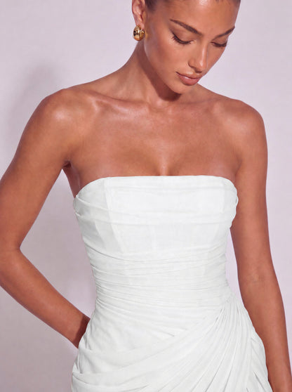 Strapless Ruched Lace-Up Back Mini Dress - White - View 7