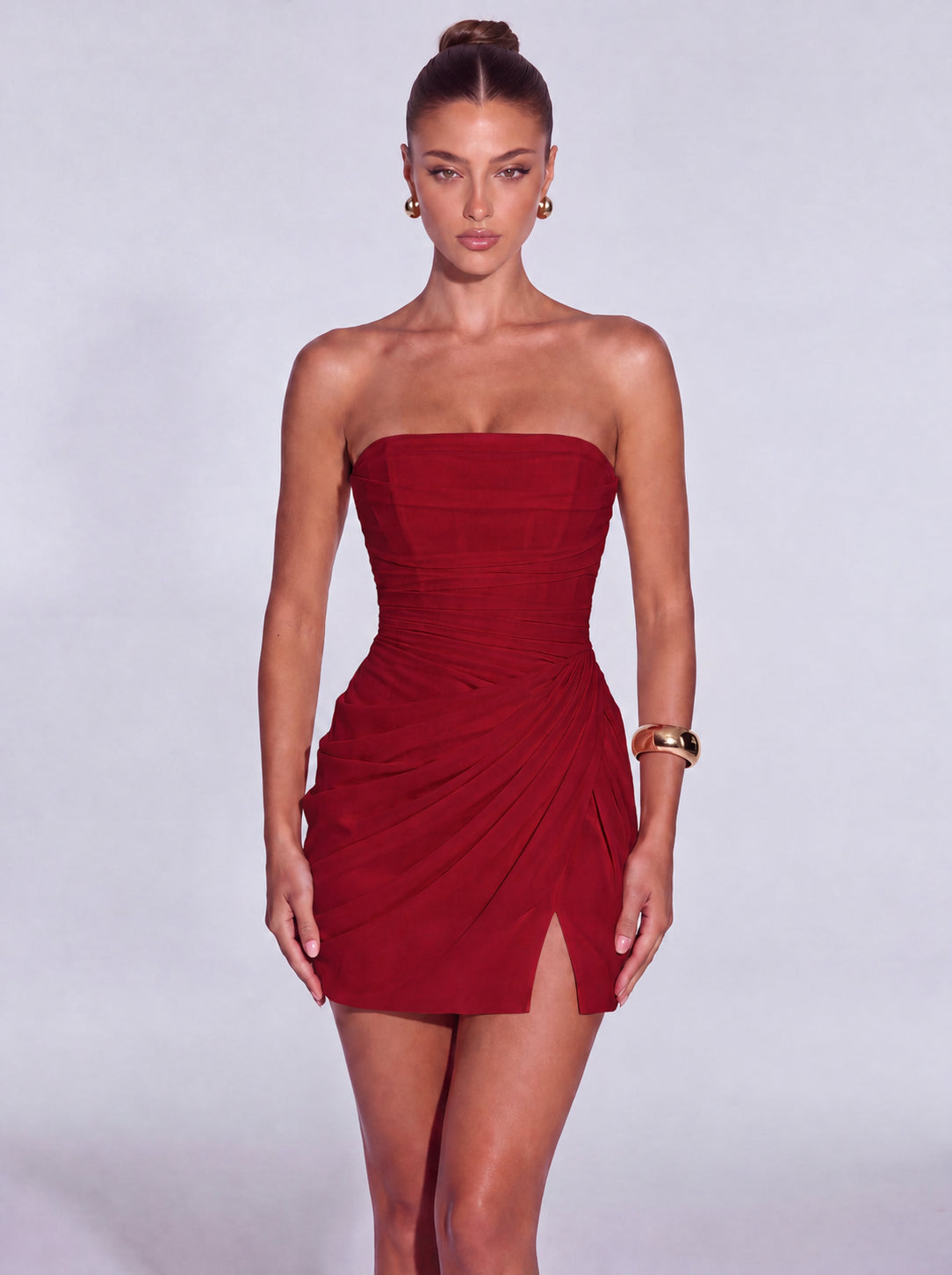 Strapless Ruched Lace-Up Back Mini Dress - Wine Red - View 1