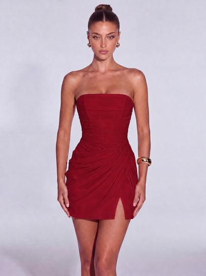 Strapless Ruched Lace-Up Back Mini Dress - Wine Red - View 1