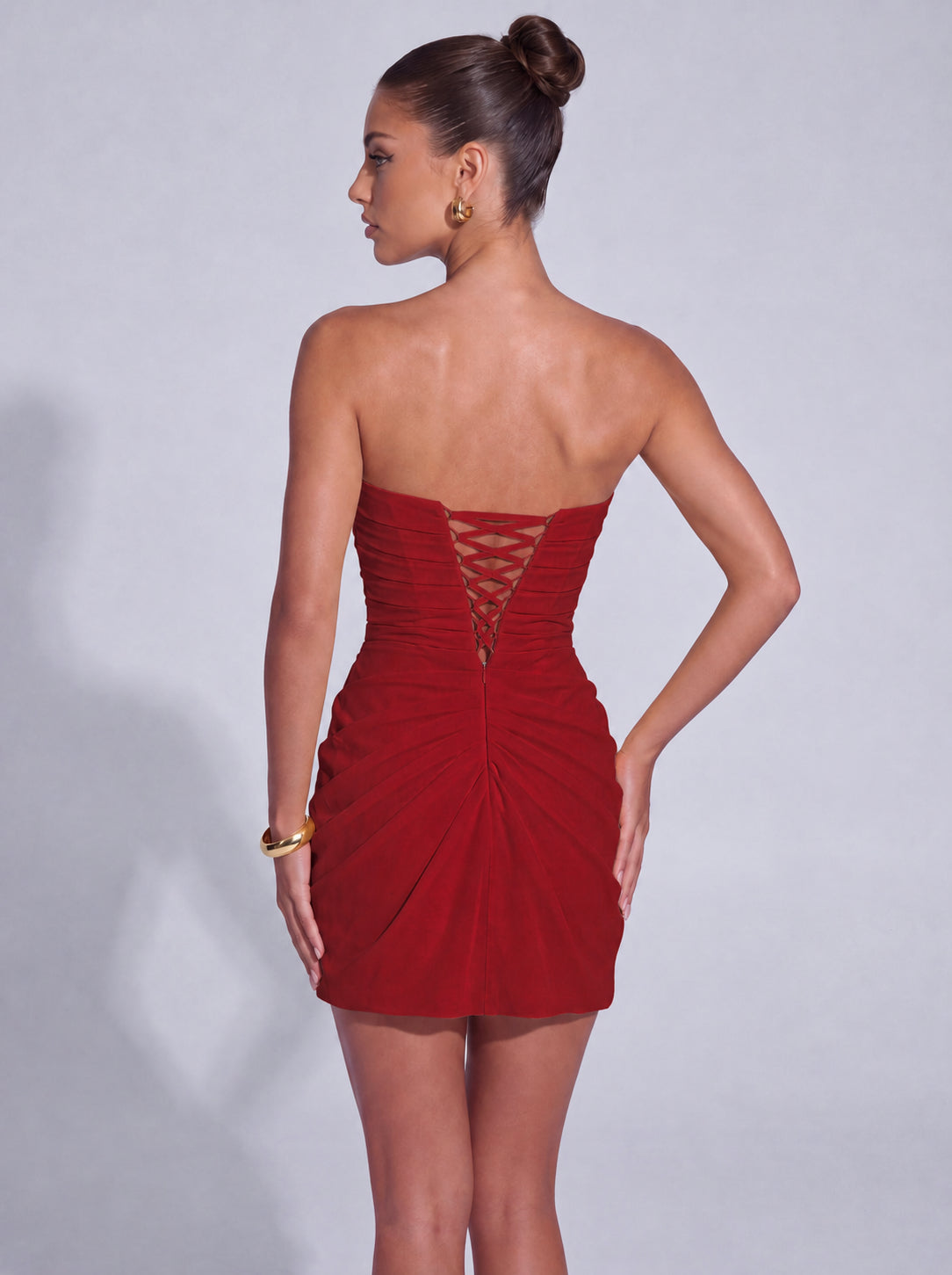 Strapless Ruched Lace-Up Back Mini Dress - Wine Red - View 6