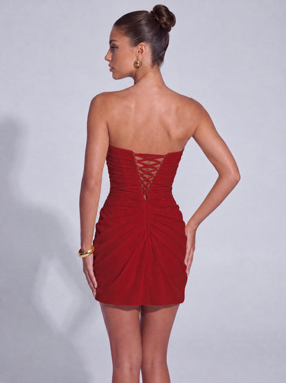 Strapless Ruched Lace-Up Back Mini Dress - Wine Red - View 6