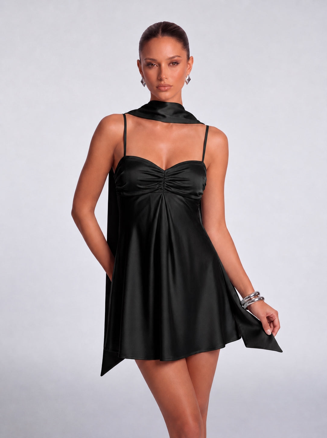 Satin Scarf-Neck Ruched Mini Dress - Black - View 1